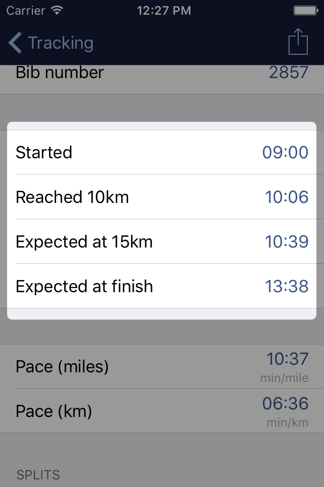 Screenshot of Brighton Marathon app, showing a runner who started at 09:00, reached 10km at 10:06, is expected at 15km at 10:39 and expected to finish at 13:38
