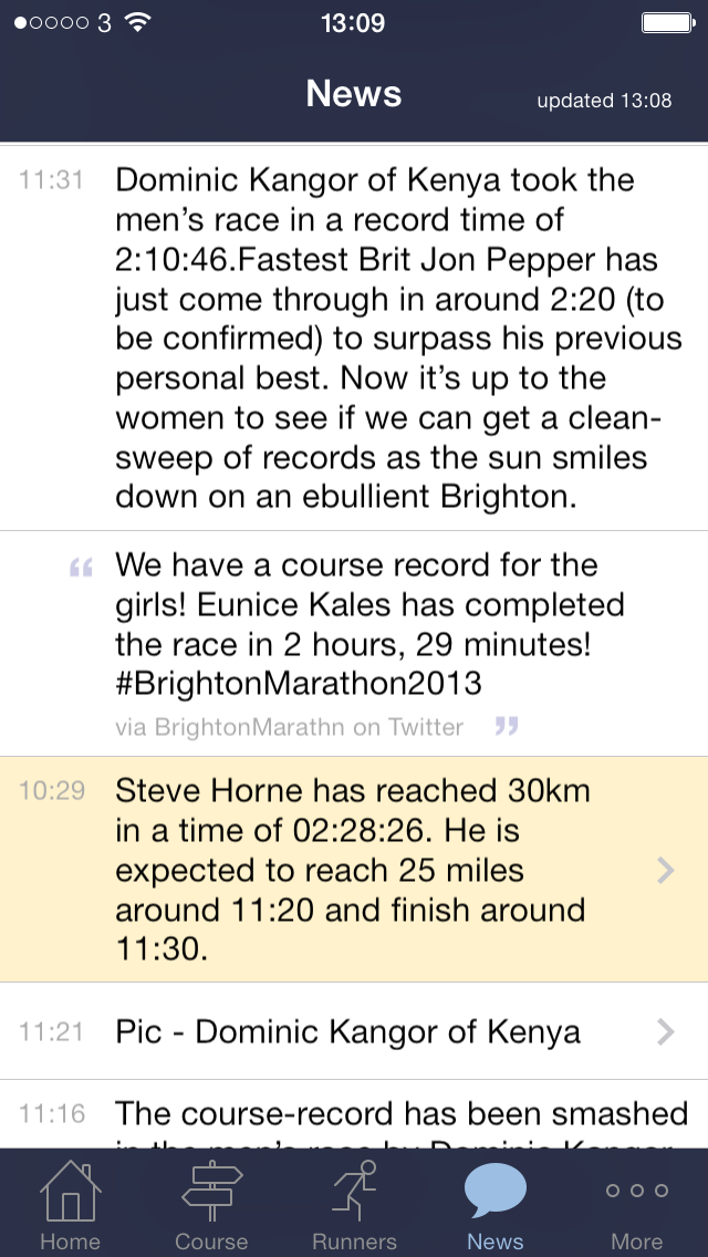 News feed including an update of a particular runner's progress
