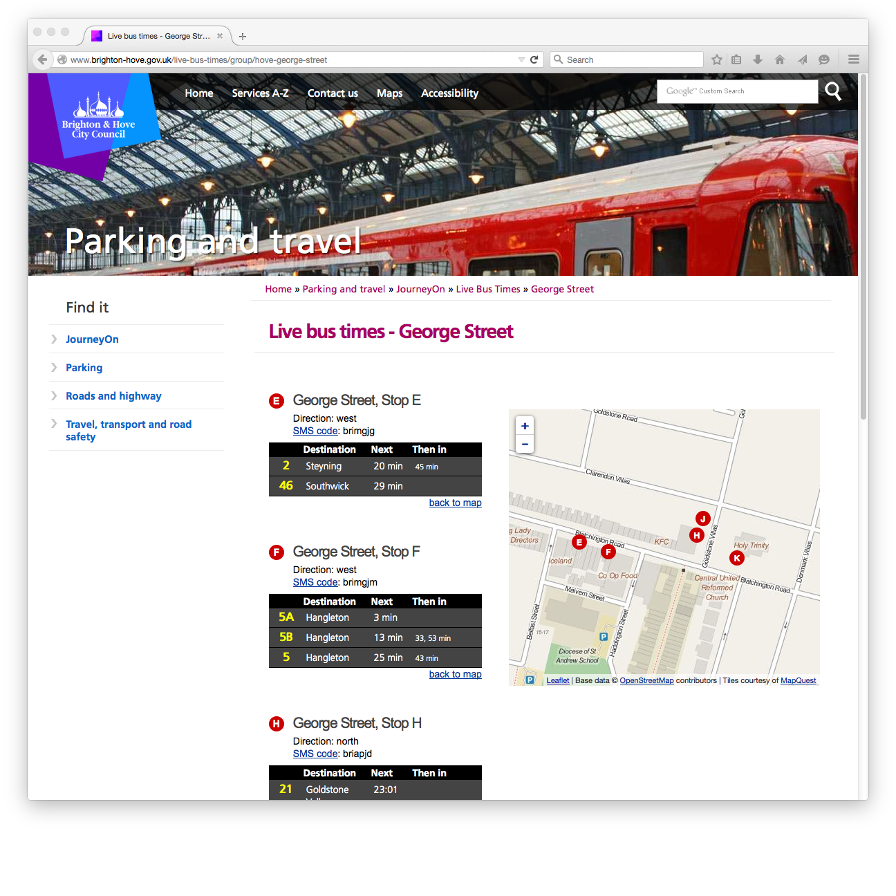 A screenshot of the live bus times page for George Street in Hove
