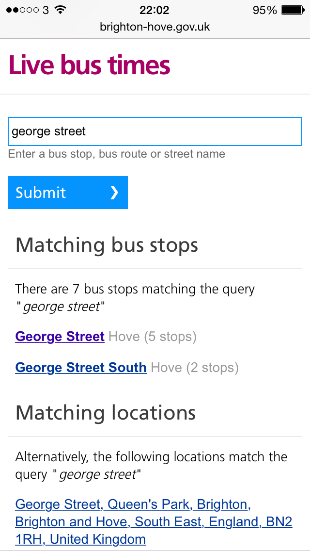 Screenshot showing completed search for 'George Street' with suggested bus stops and locations