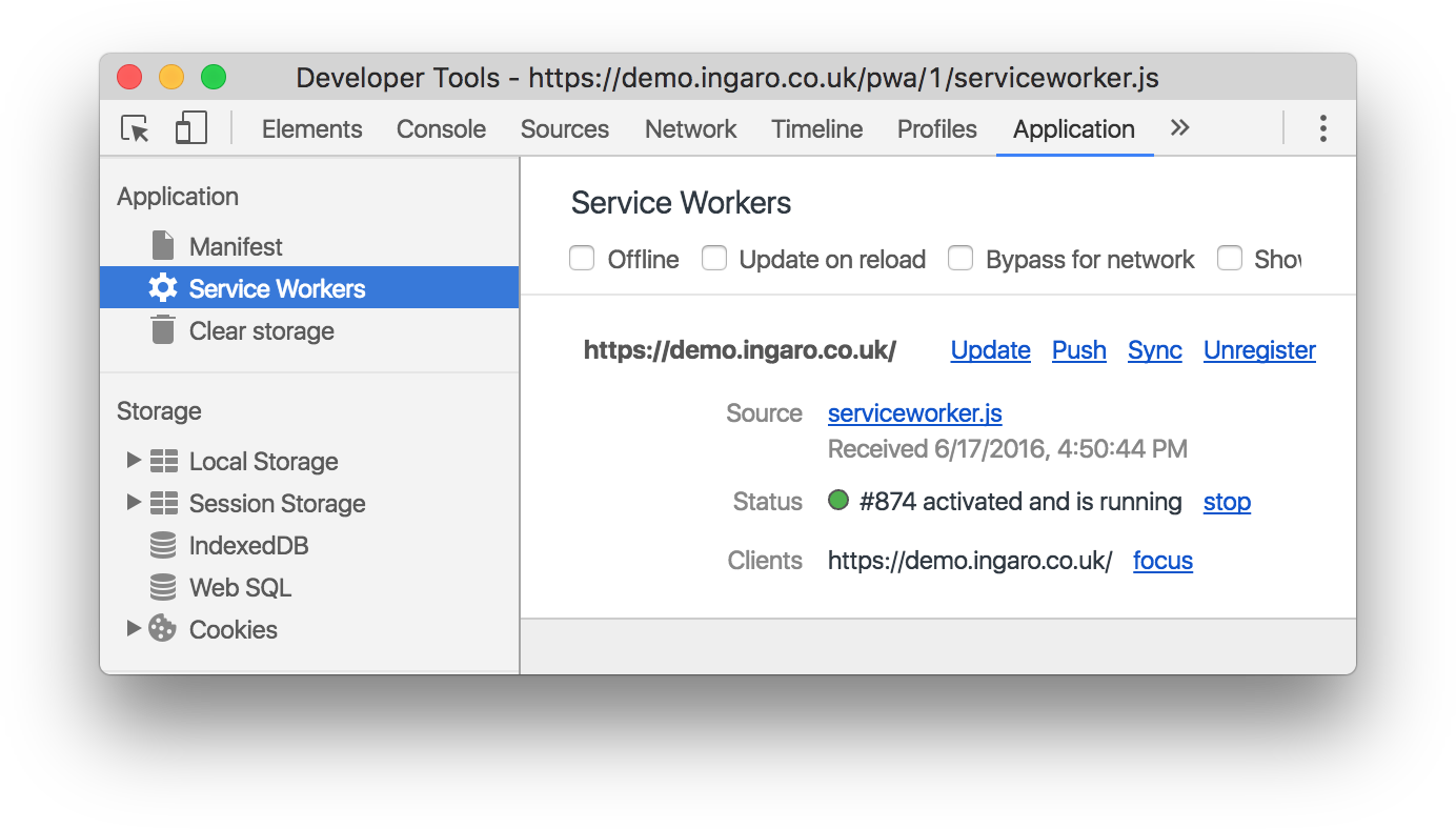 Screenshot of Chrome developer tools, showing the service worker running.